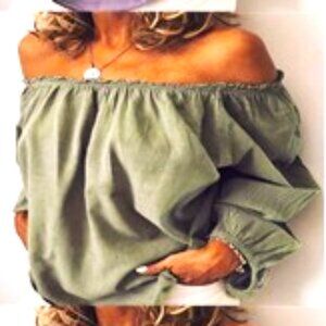 ARMY GRAY/GREEN OFF THE SHOULDERS THREE QUARTER SLEEVE TOP VERY SEXY